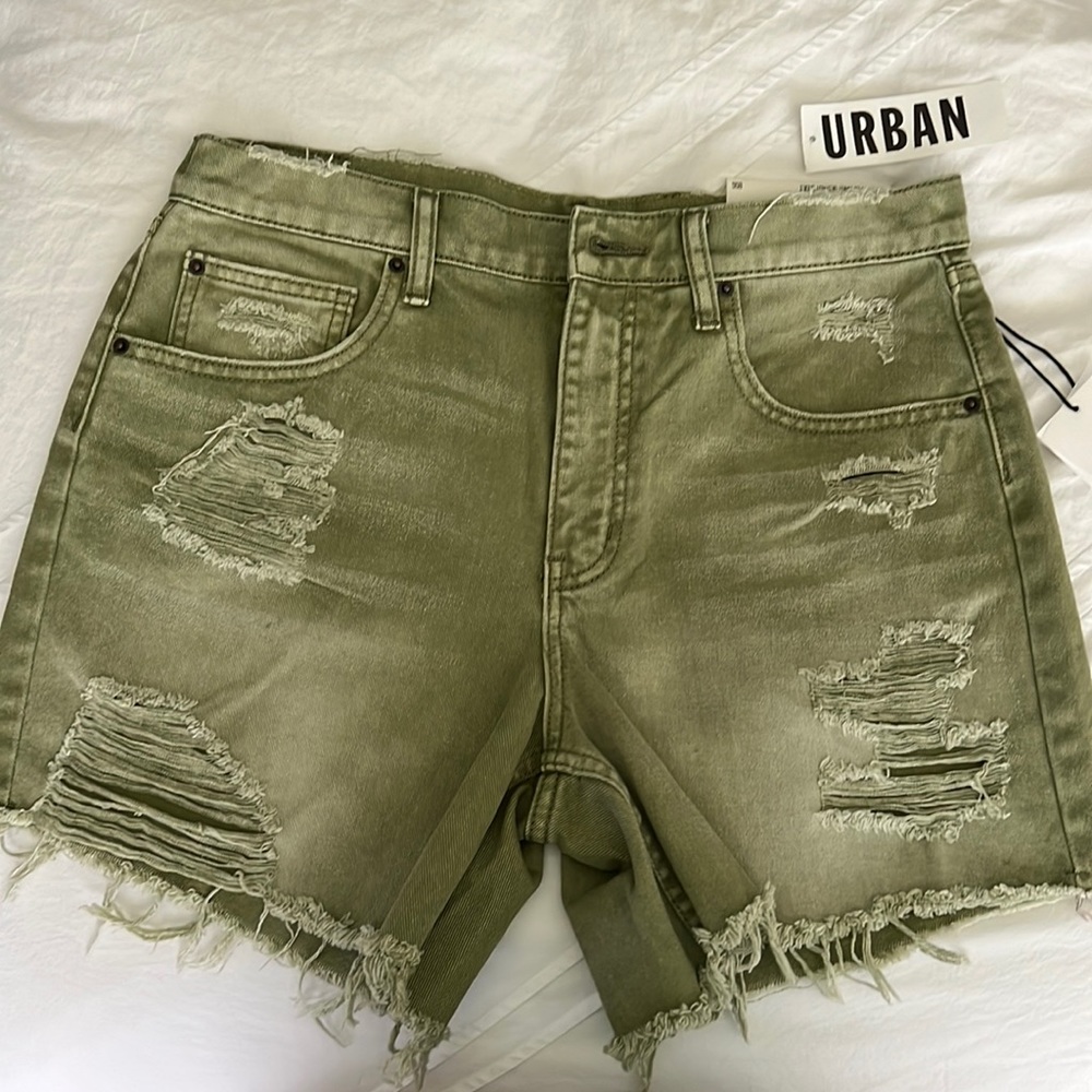 BDG Moss Green Destroyed Denim Shorts